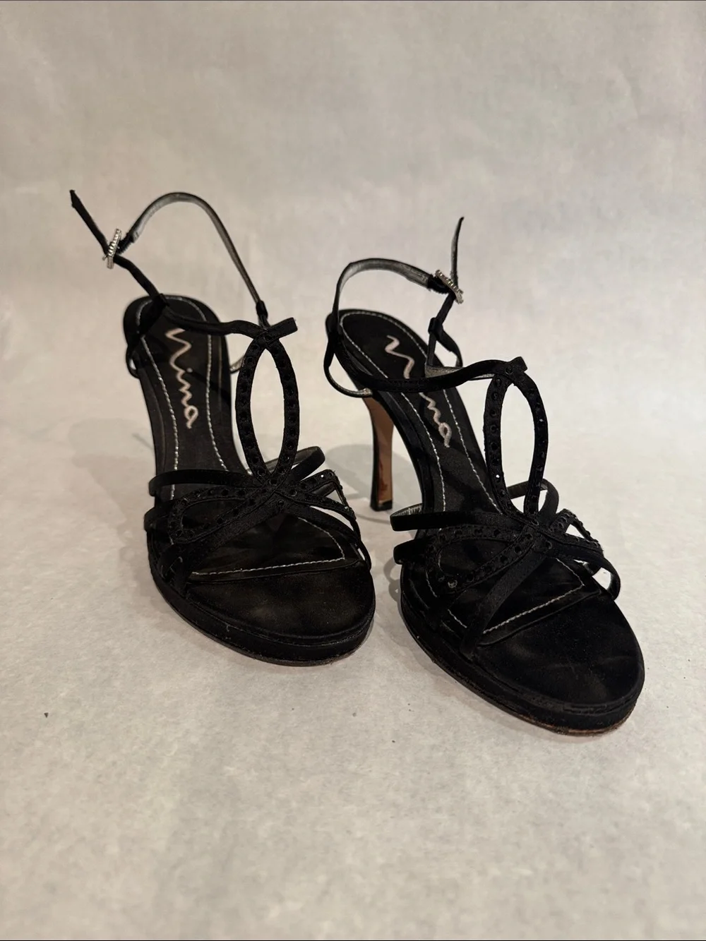 Nina Black Strappy Open-Toe Slingback Heels